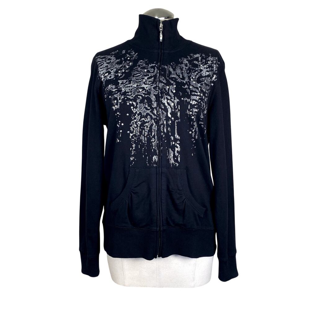 Vtg Y2K Three Hearts High Collar Animal Print Rhinestone Black Zip Up Sweater M